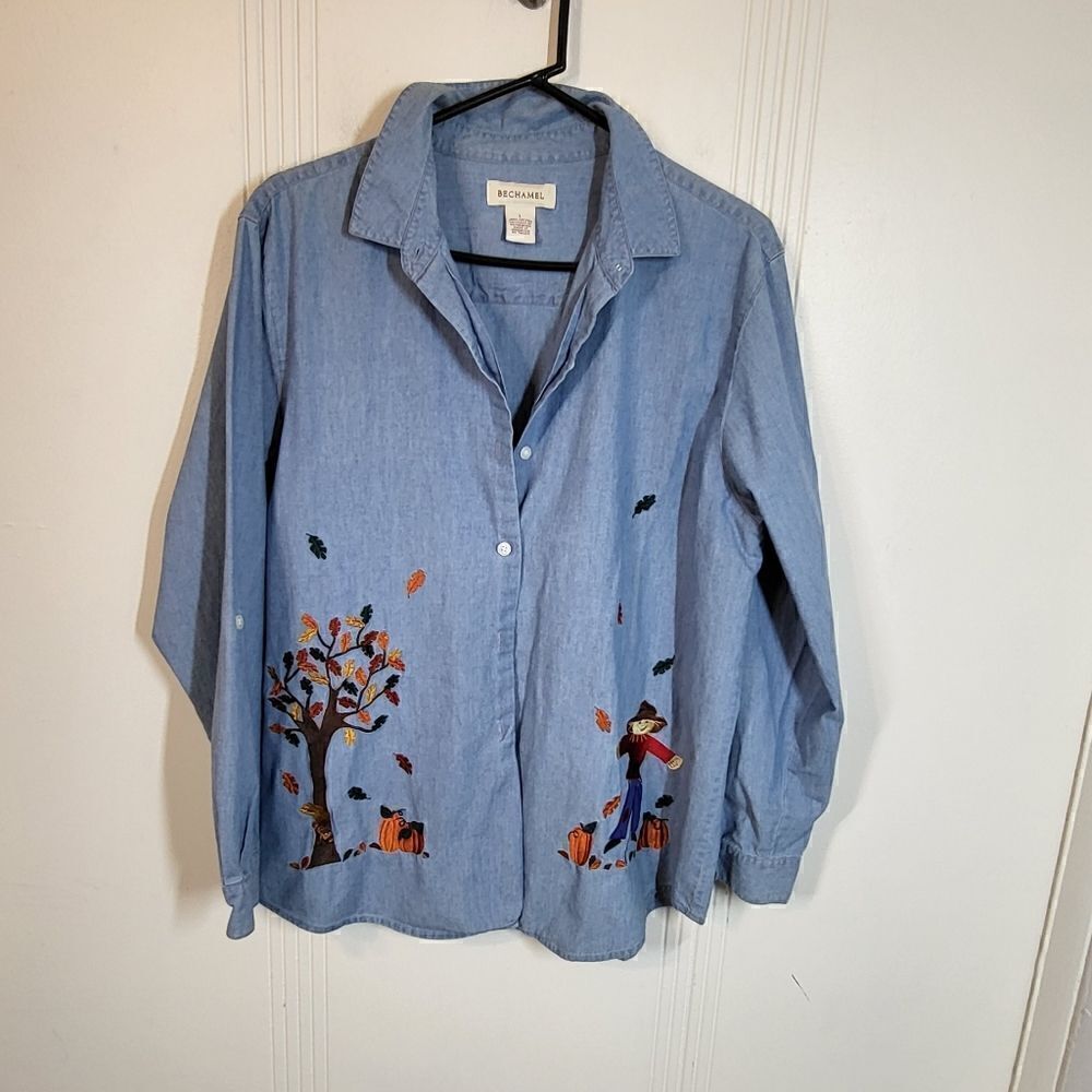 Bechamel Denim Embroidered Button Down Blouse - Picture 10 of 10